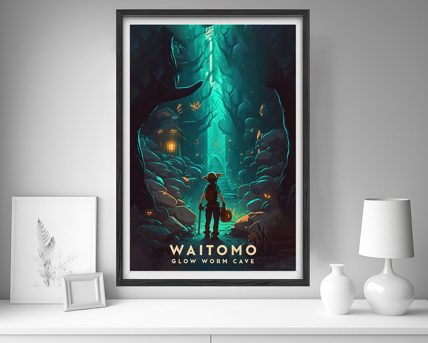 Framed Waitomo Caves Travel Poster in Portrait orientation, minimal background, close up wall art print 5