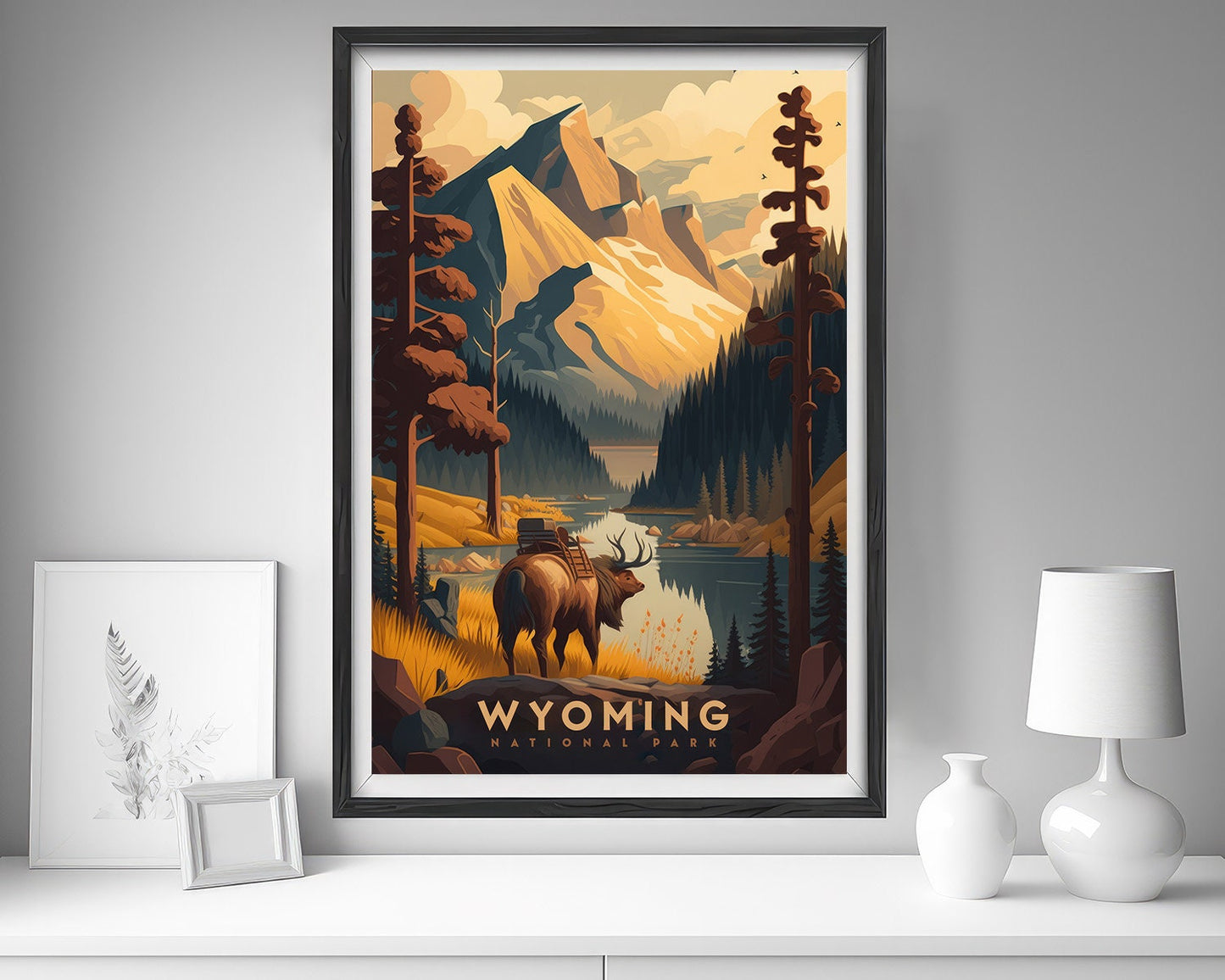 Framed Wyoming Yellowstone Travel Poster in Portrait orientation, minimal background, close up wall art print 5