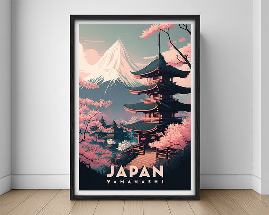 Framed Yamanashi Japan Travel Poster in Portrait orientation, minimal background, close up wall art print 1