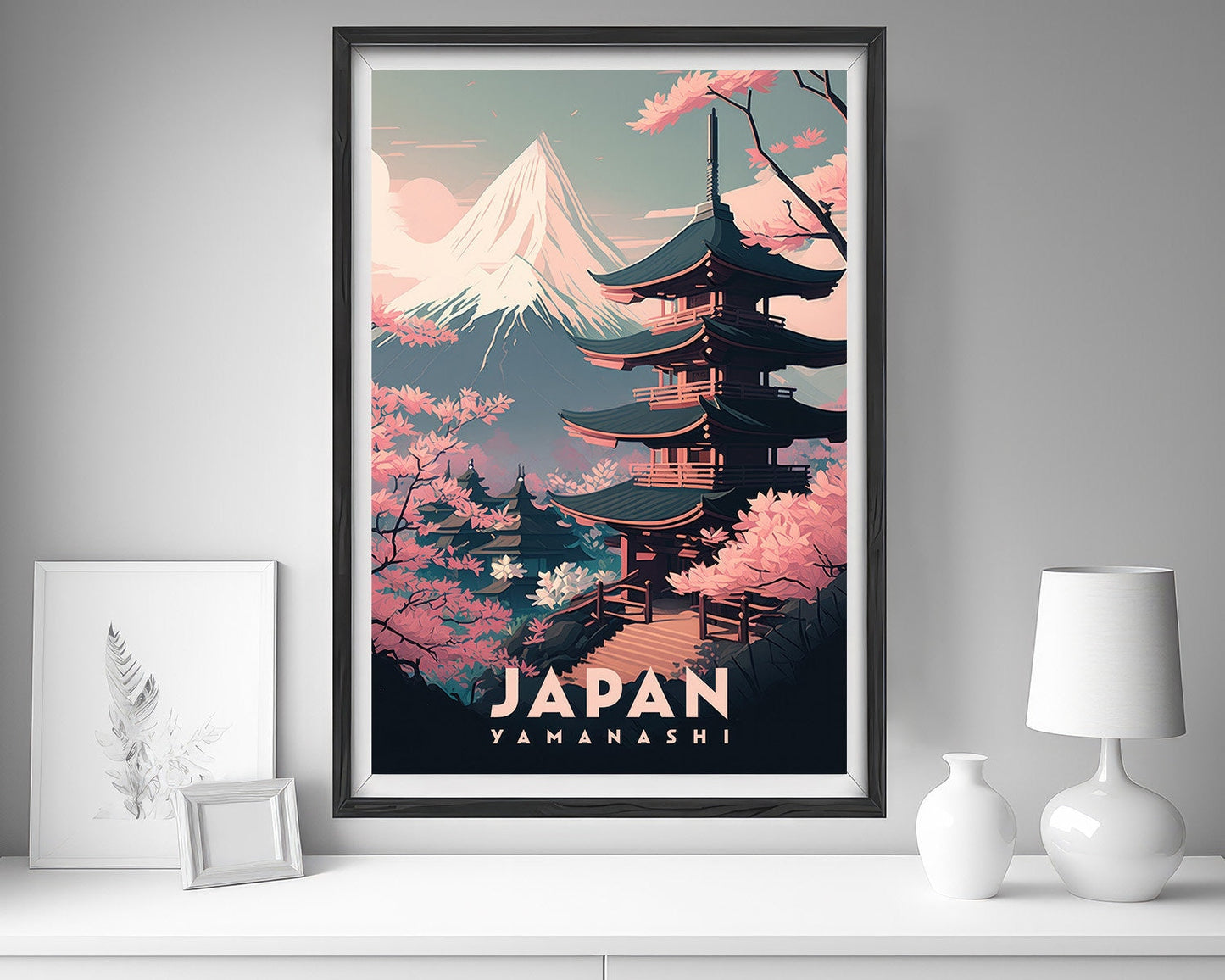 Framed Yamanashi Japan Travel Poster in Portrait orientation, minimal background, close up wall art print 5