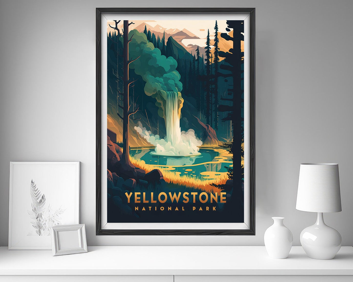 Framed Yellowstone Wyoming Travel Poster in Portrait orientation, minimal background, close up wall art print 5