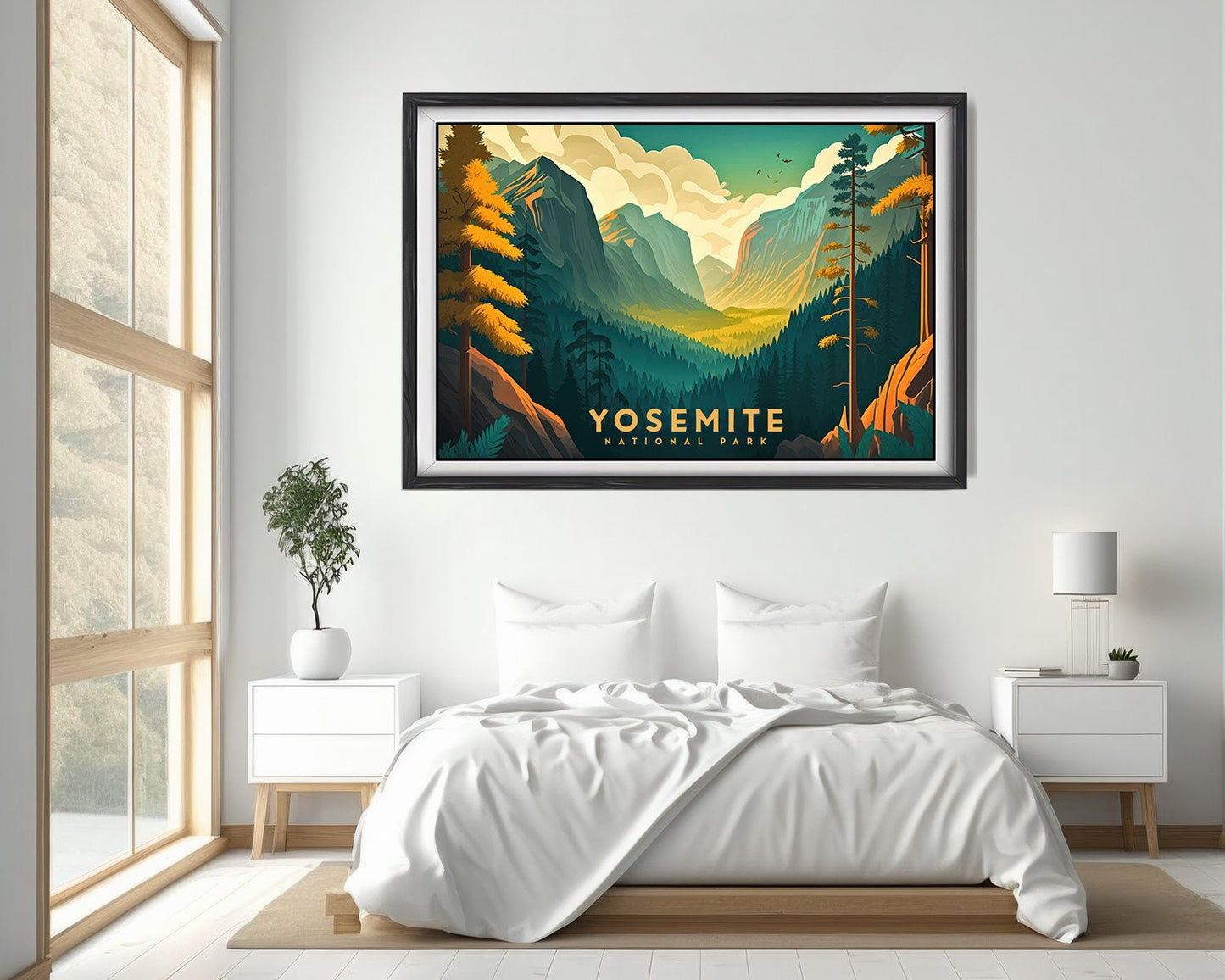 Framed Yosemite Park California Travel Poster in Landscape orientation, minimal background, close up wall art print 4