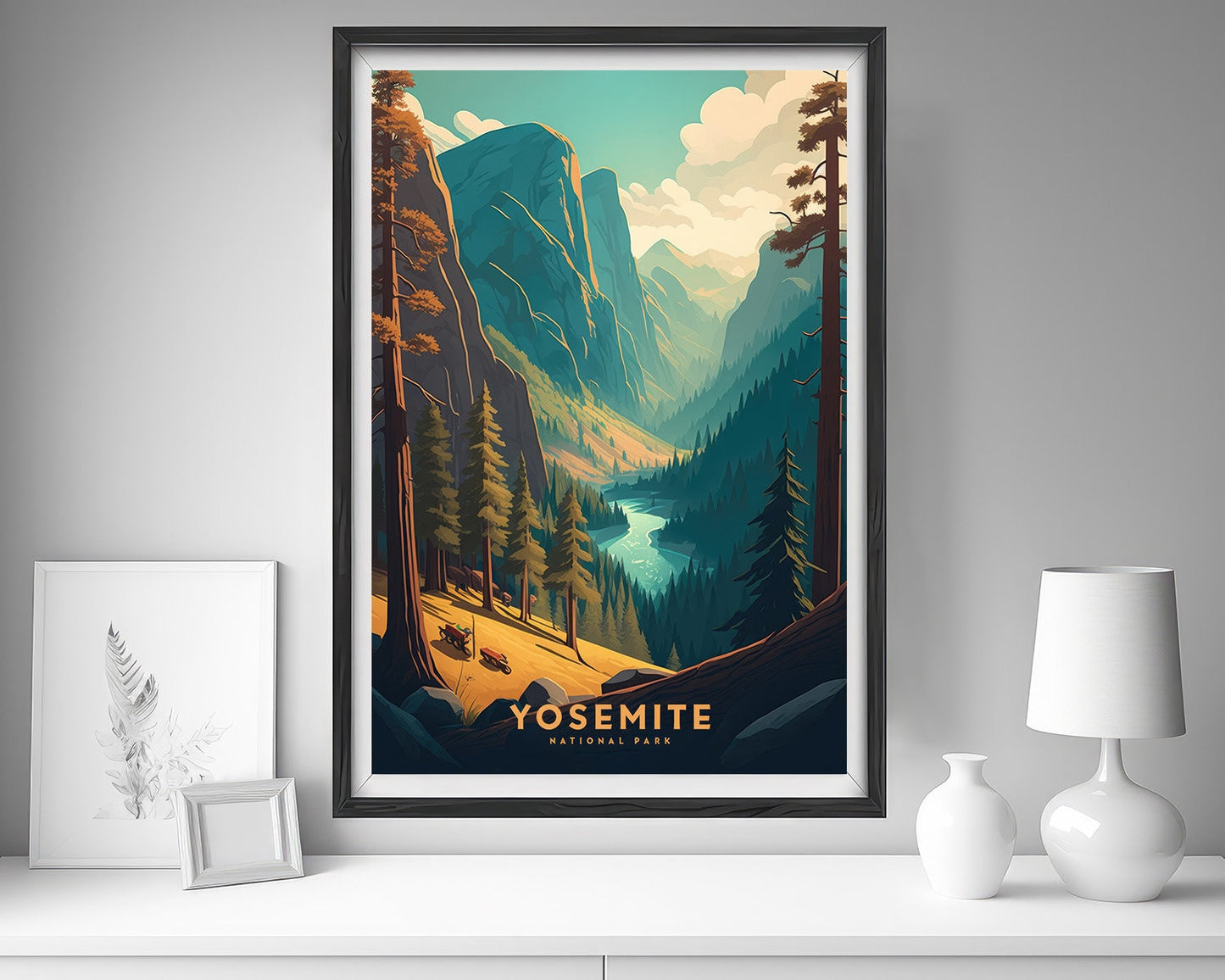 Framed Yosemite Park Travel Poster in Portrait orientation, minimal background, close up wall art print 5