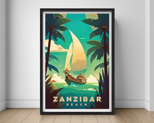 Framed Zanzibar Beach Tanzania Travel Poster in Portrait orientation, minimal background, close up wall art print 1