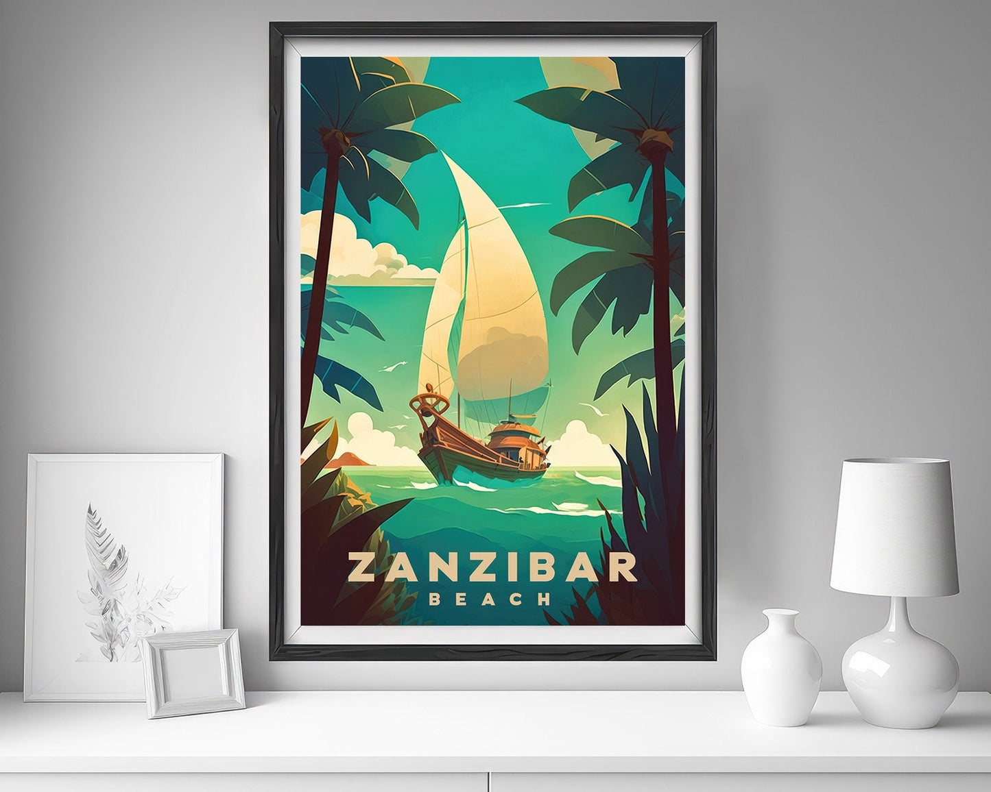 Framed Zanzibar Beach Tanzania Travel Poster in Portrait orientation, minimal background, close up wall art print 5