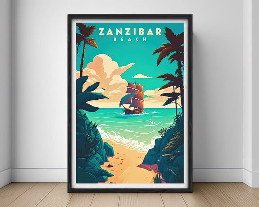 Framed Zanzibar Beach Travel Poster in Portrait orientation, minimal background, close up wall art print 1