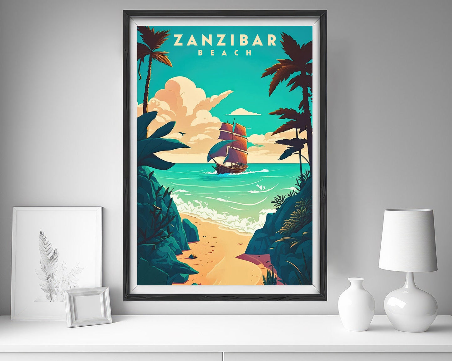 Framed Zanzibar Beach Travel Poster in Portrait orientation, minimal background, close up wall art print 5