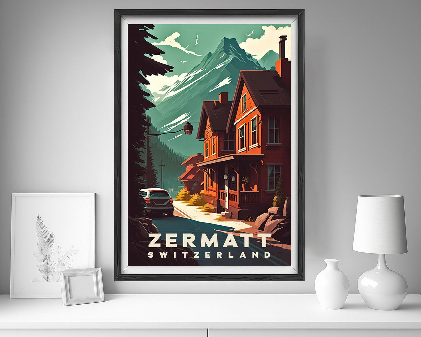 Framed Zermatt Switzerland Travel Poster in Portrait orientation, minimal background, close up wall art print 5