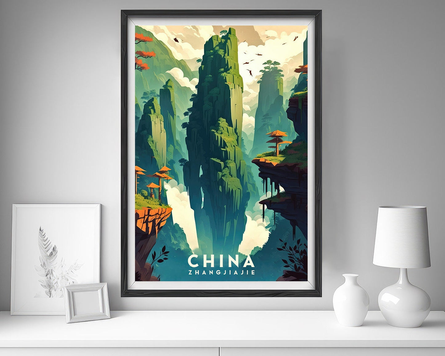 Framed Zhangjiajie China Travel Poster in Portrait orientation, minimal background, close up wall art print 5