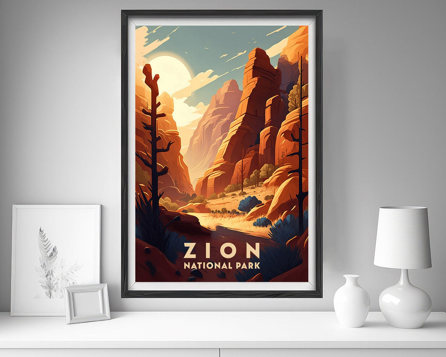 Framed Zion National Park Travel Poster in Portrait orientation, minimal background, close up wall art print 5