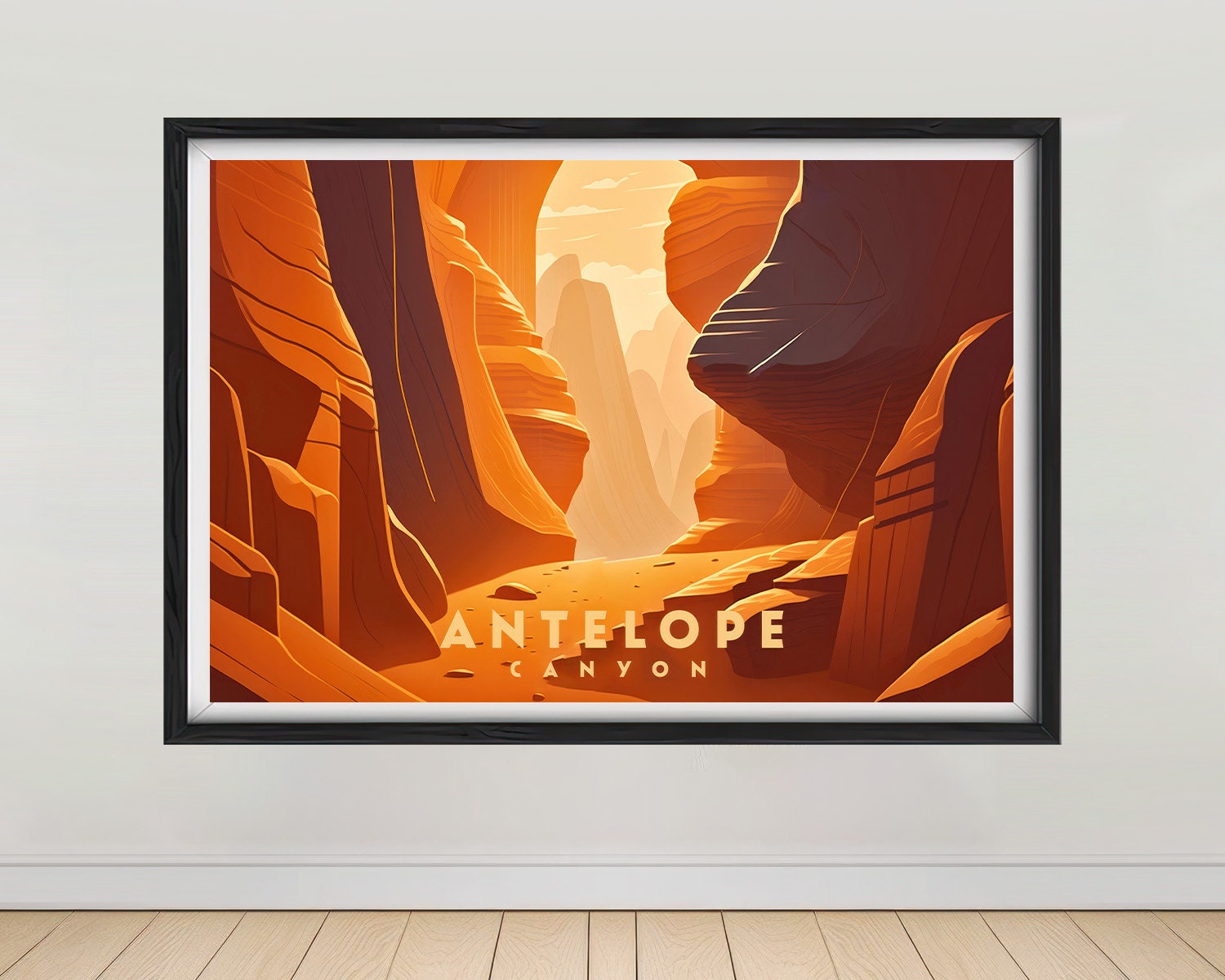 Framed Antelope Canyon Travel Poster in Landscape orientation, minimal background, close up wall art print 1