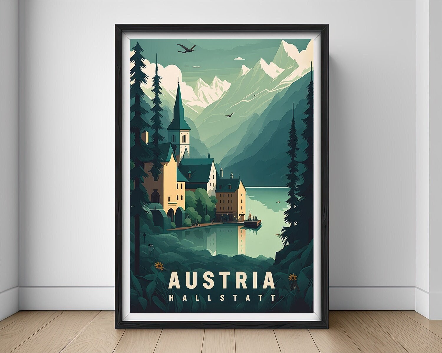 Framed Austria Hallstatt Travel Poster in Portrait orientation, minimal background, close up wall art print 1