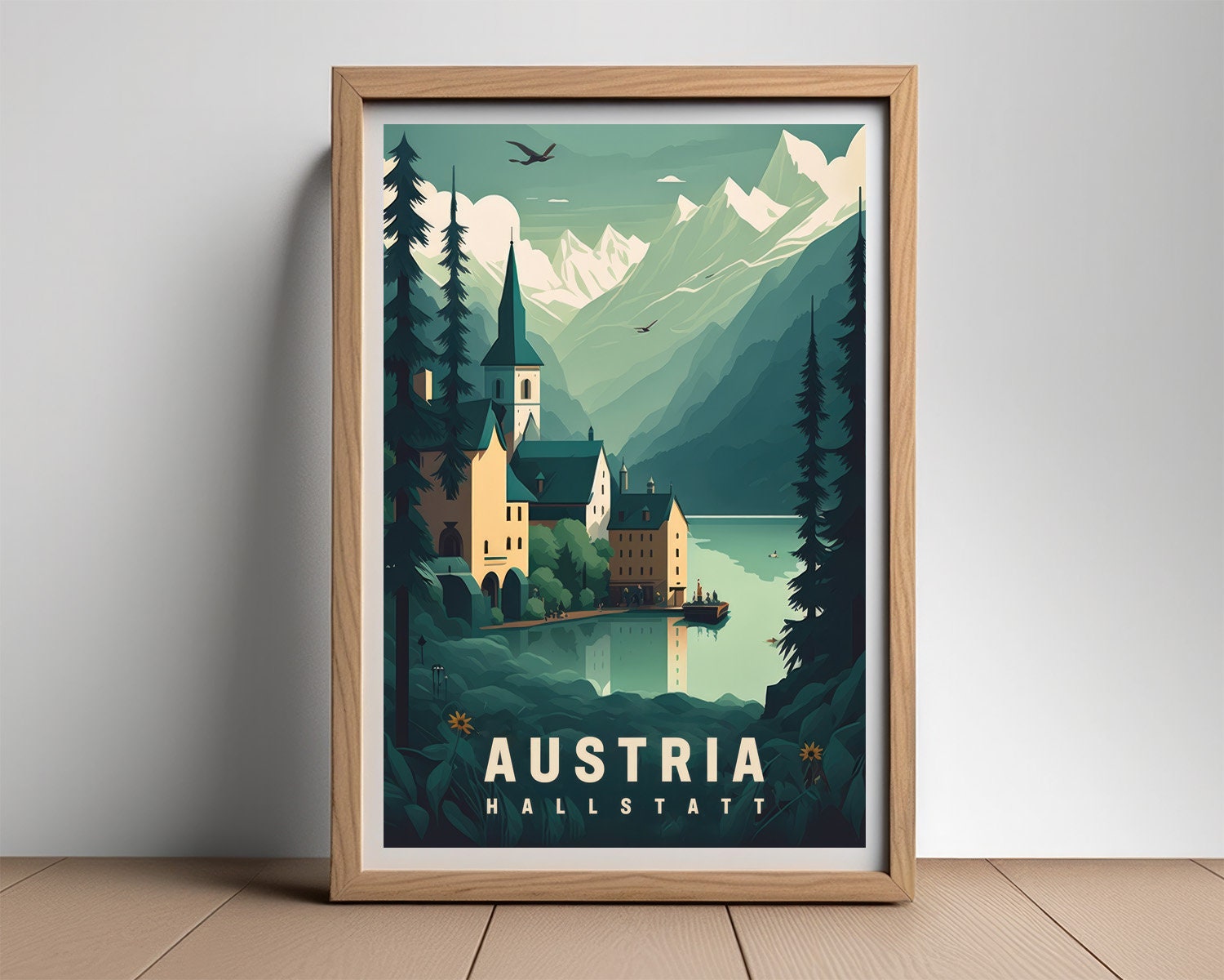 Framed Austria Hallstatt Travel Poster in Portrait orientation, minimal background, close up wall art print 2
