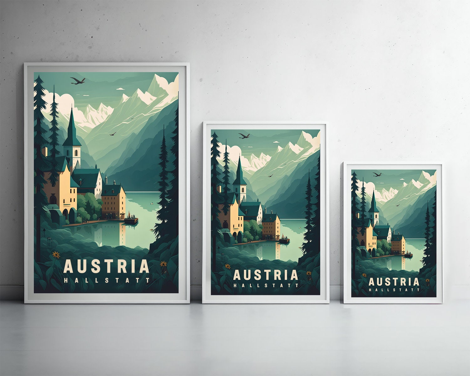 Framed Austria Hallstatt Travel Poster in Portrait orientation, minimal background, close up wall art print 3