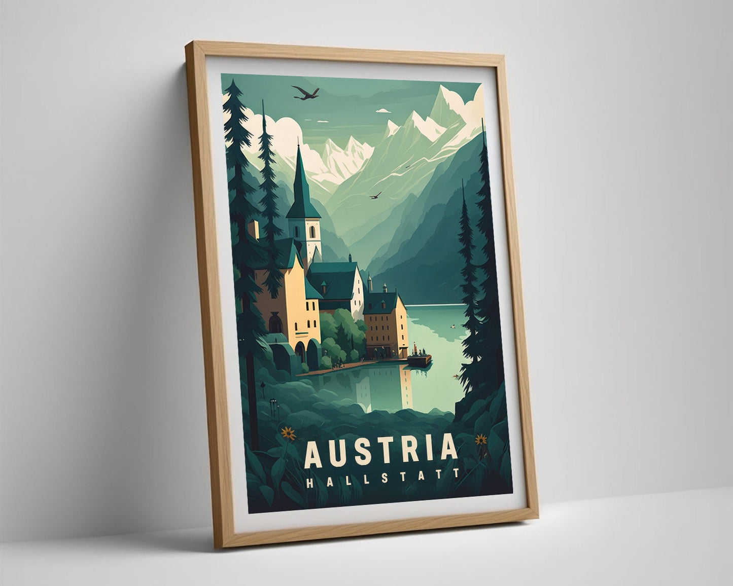 Framed Austria Hallstatt Travel Poster in Portrait orientation, minimal background, close up wall art print 4