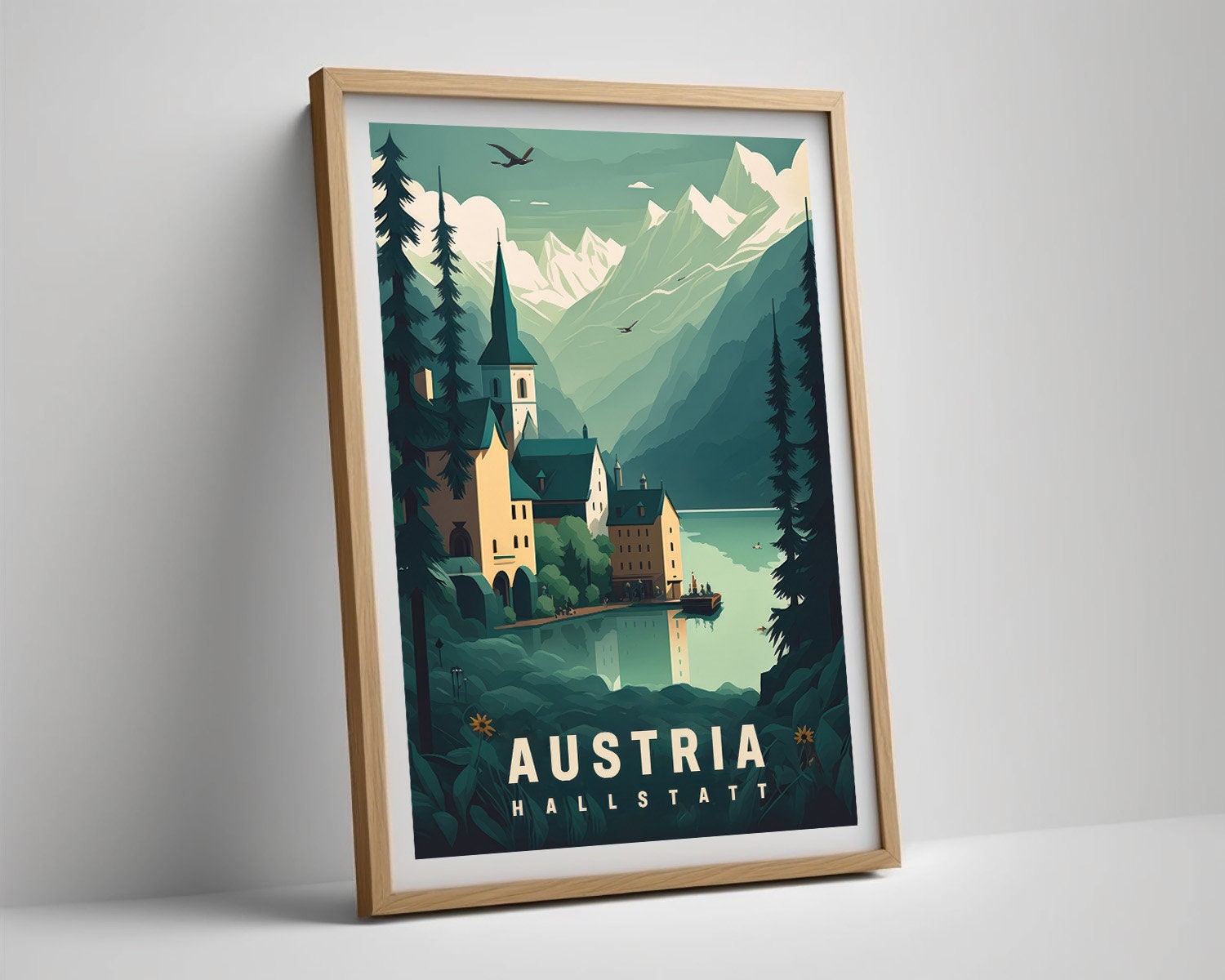 Framed Austria Hallstatt Travel Poster in Portrait orientation, minimal background, close up wall art print 4