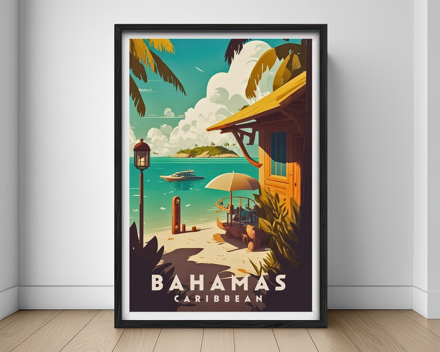 Framed Bahamas Caribbean Travel Poster in Portrait orientation, minimal background, close up wall art print 1