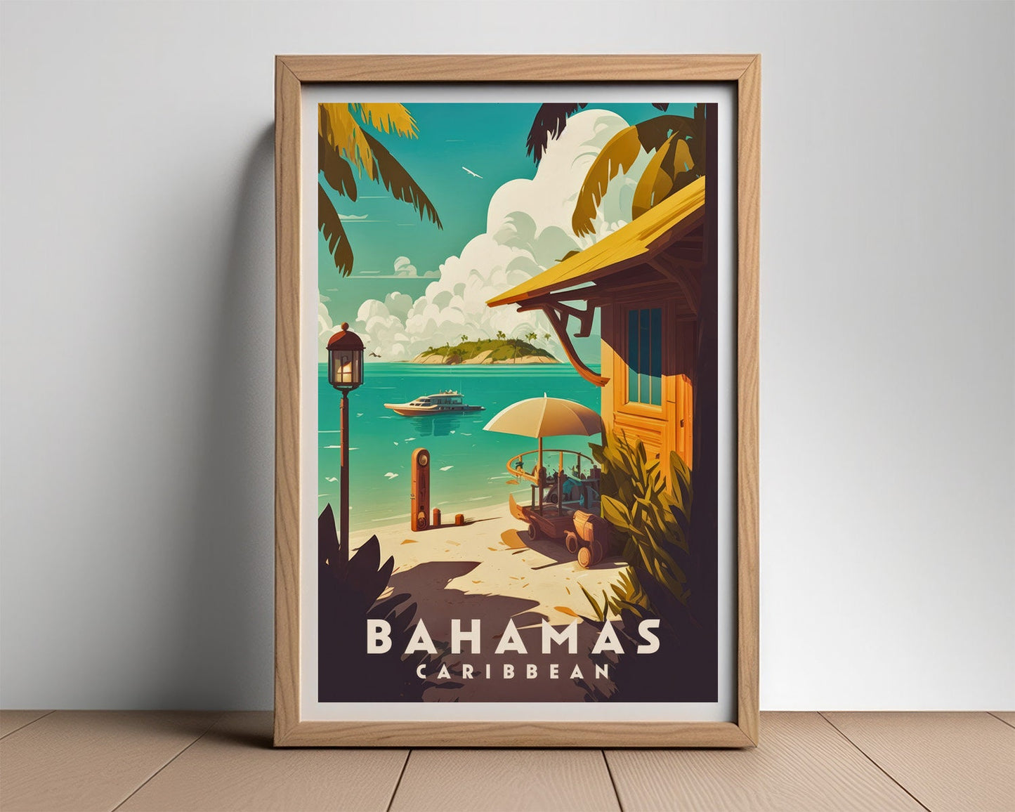 Framed Bahamas Caribbean Travel Poster in Portrait orientation, minimal background, close up wall art print 2