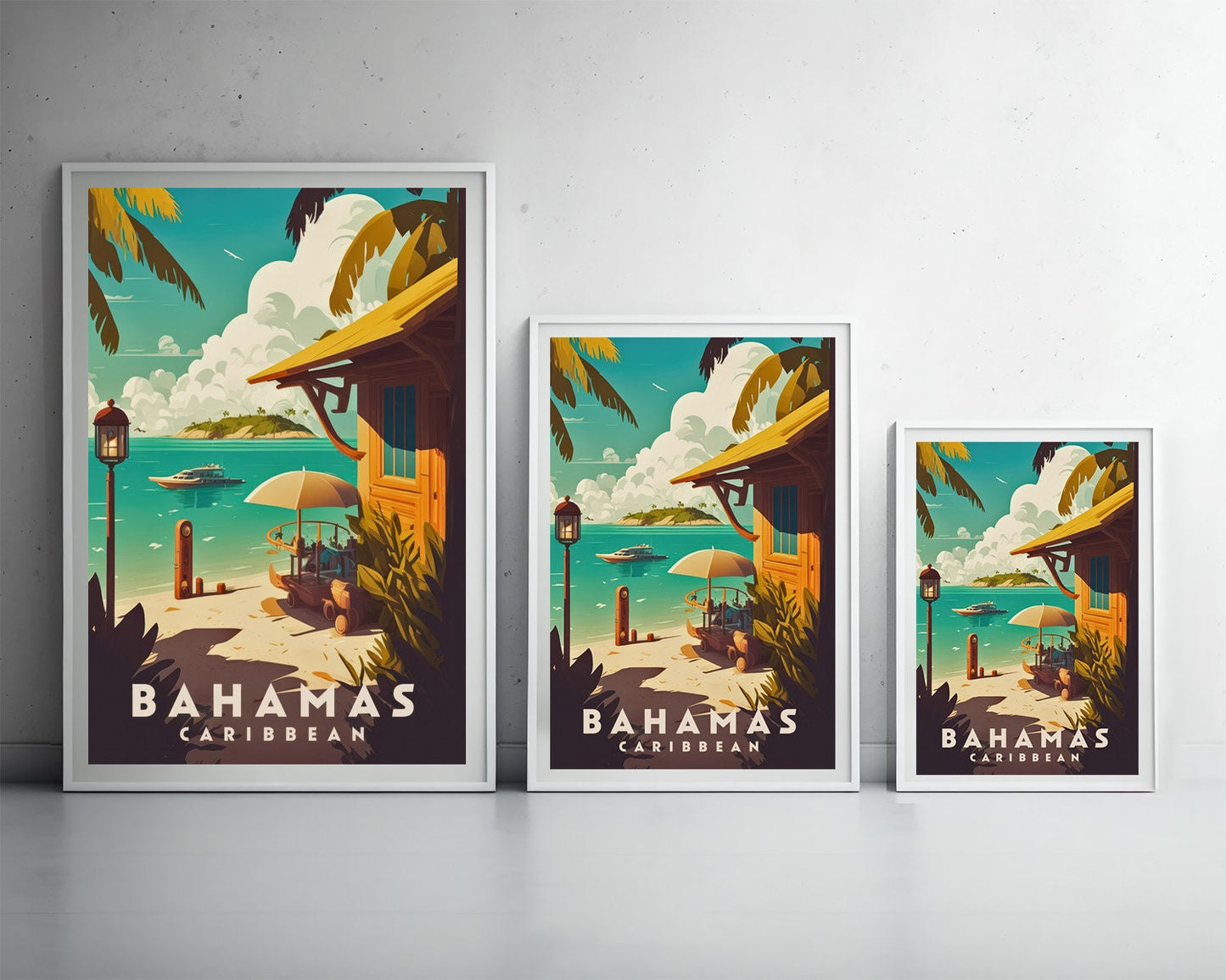 Framed Bahamas Caribbean Travel Poster in Portrait orientation, minimal background, close up wall art print 3