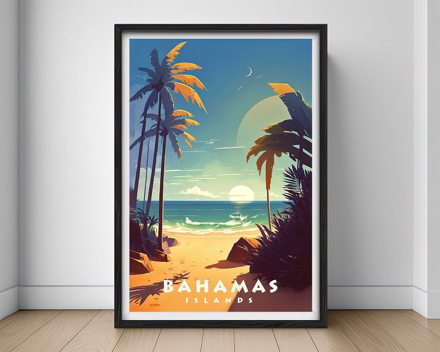 Framed Bahamas Islands Travel Poster in Portrait orientation, minimal background, close up wall art print 1