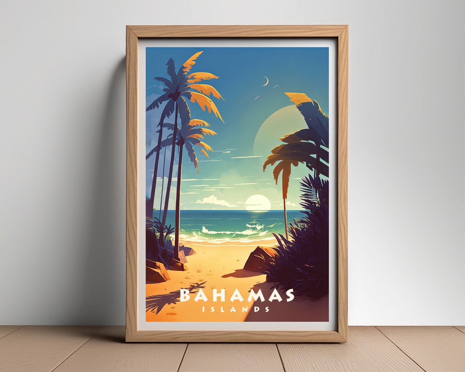 Framed Bahamas Islands Travel Poster in Portrait orientation, minimal background, close up wall art print 2