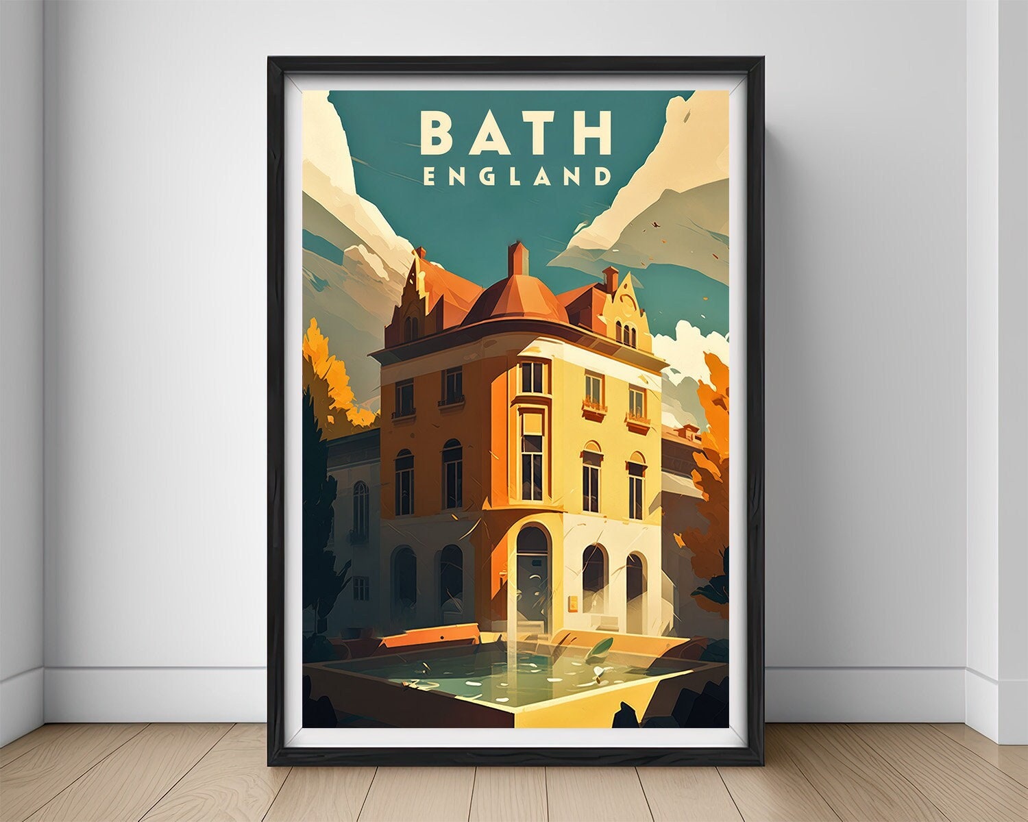 Framed Bath England UK Travel Poster in Portrait orientation, minimal background, close up wall art print 1