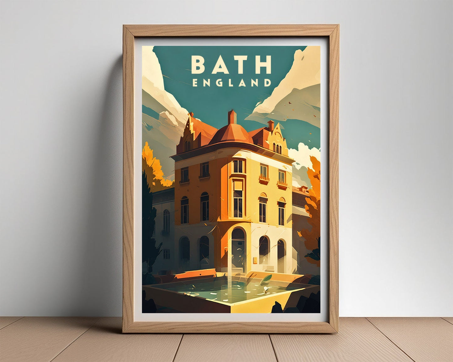 Framed Bath England UK Travel Poster in Portrait orientation, minimal background, close up wall art print 2