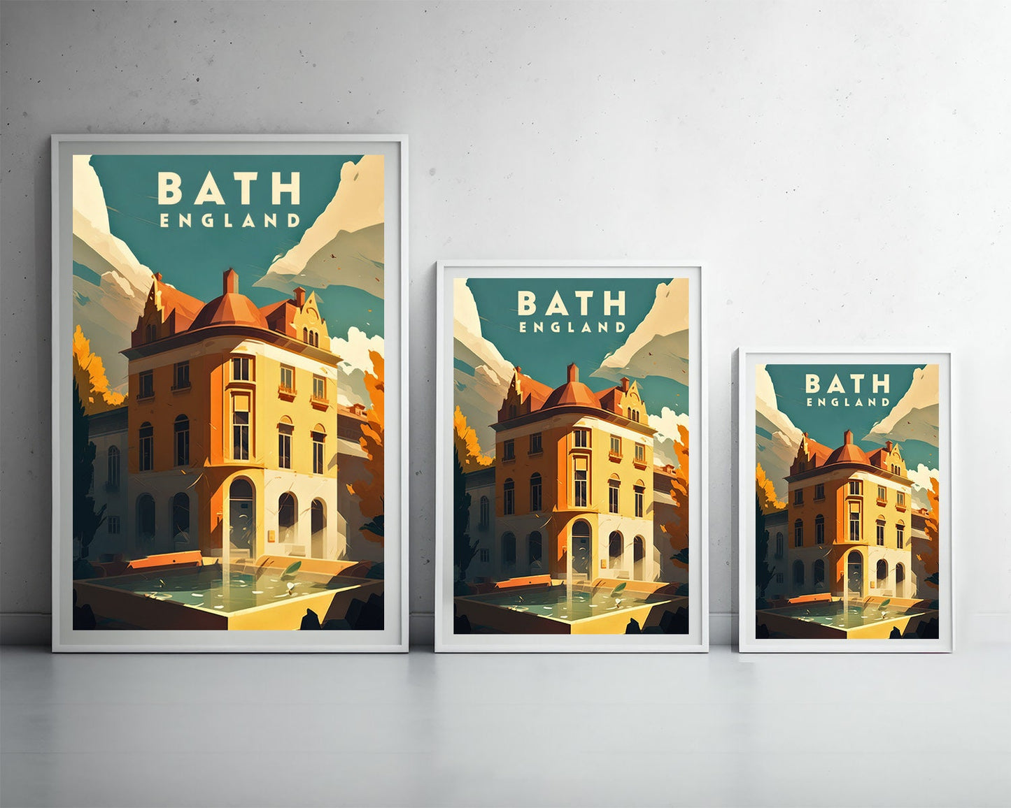 Framed Bath England UK Travel Poster in Portrait orientation, minimal background, close up wall art print 3