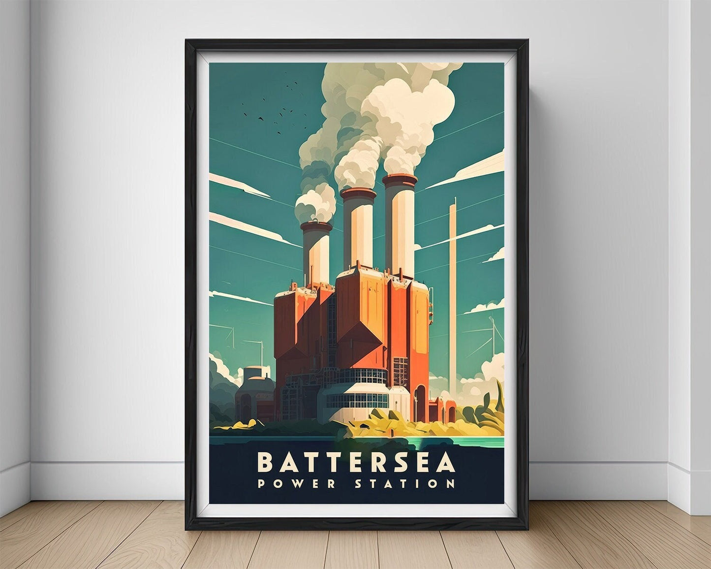 Framed Battersea London Travel Poster in Portrait orientation, minimal background, close up wall art print 1
