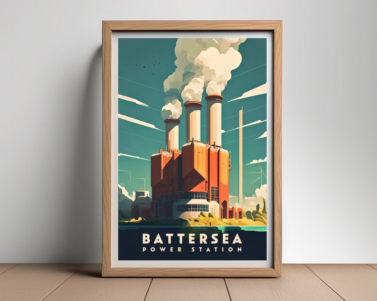 Framed Battersea London Travel Poster in Portrait orientation, minimal background, close up wall art print 2