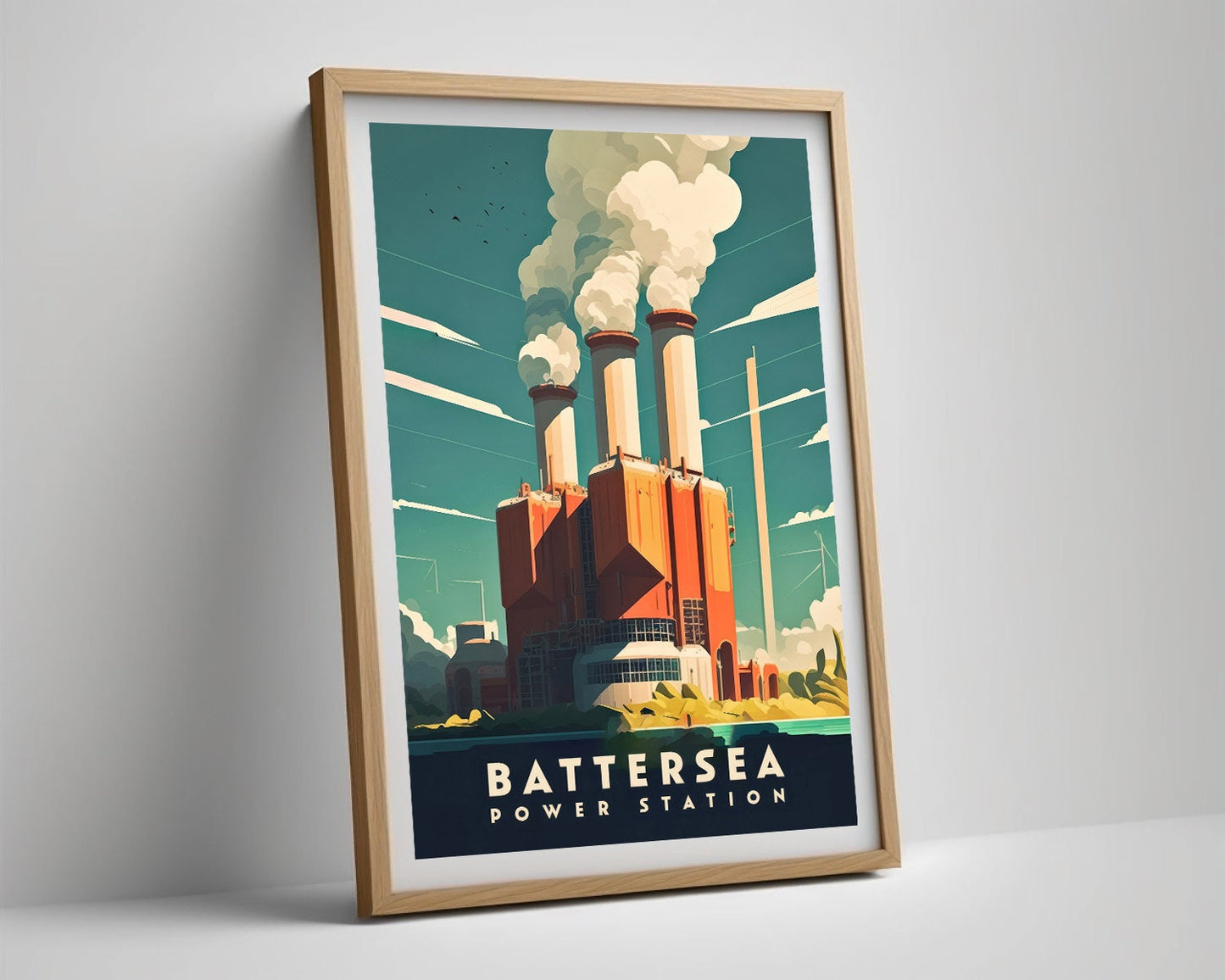 Framed Battersea London Travel Poster in Portrait orientation, minimal background, close up wall art print 4