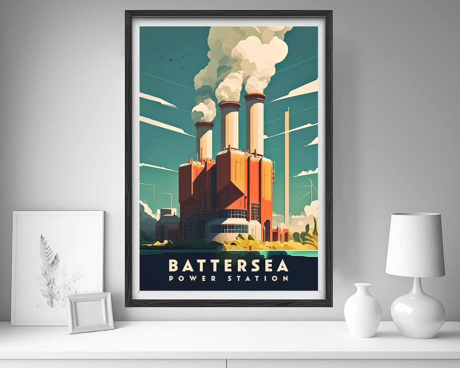 Framed Battersea London Travel Poster in Portrait orientation, minimal background, close up wall art print 5