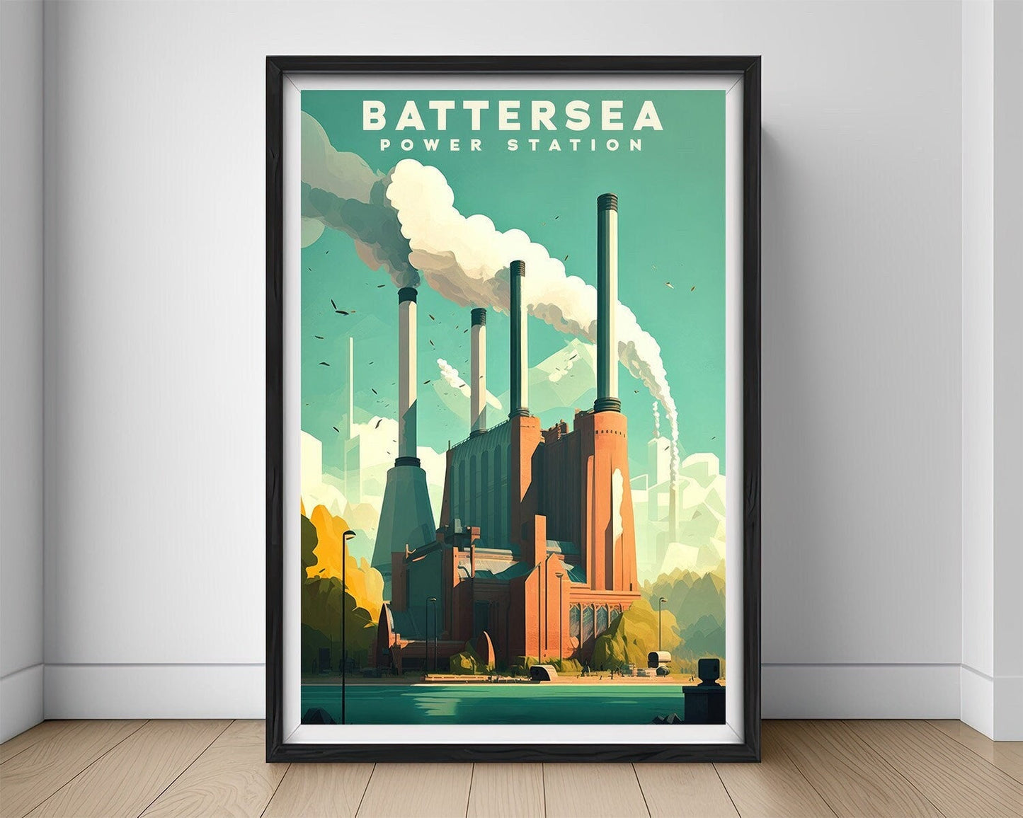 Framed Battersea Power Station Travel Poster in Portrait orientation, minimal background, close up wall art print 1