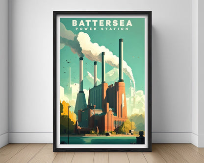 Framed Battersea Power Station Travel Poster in Portrait orientation, minimal background, close up wall art print 1