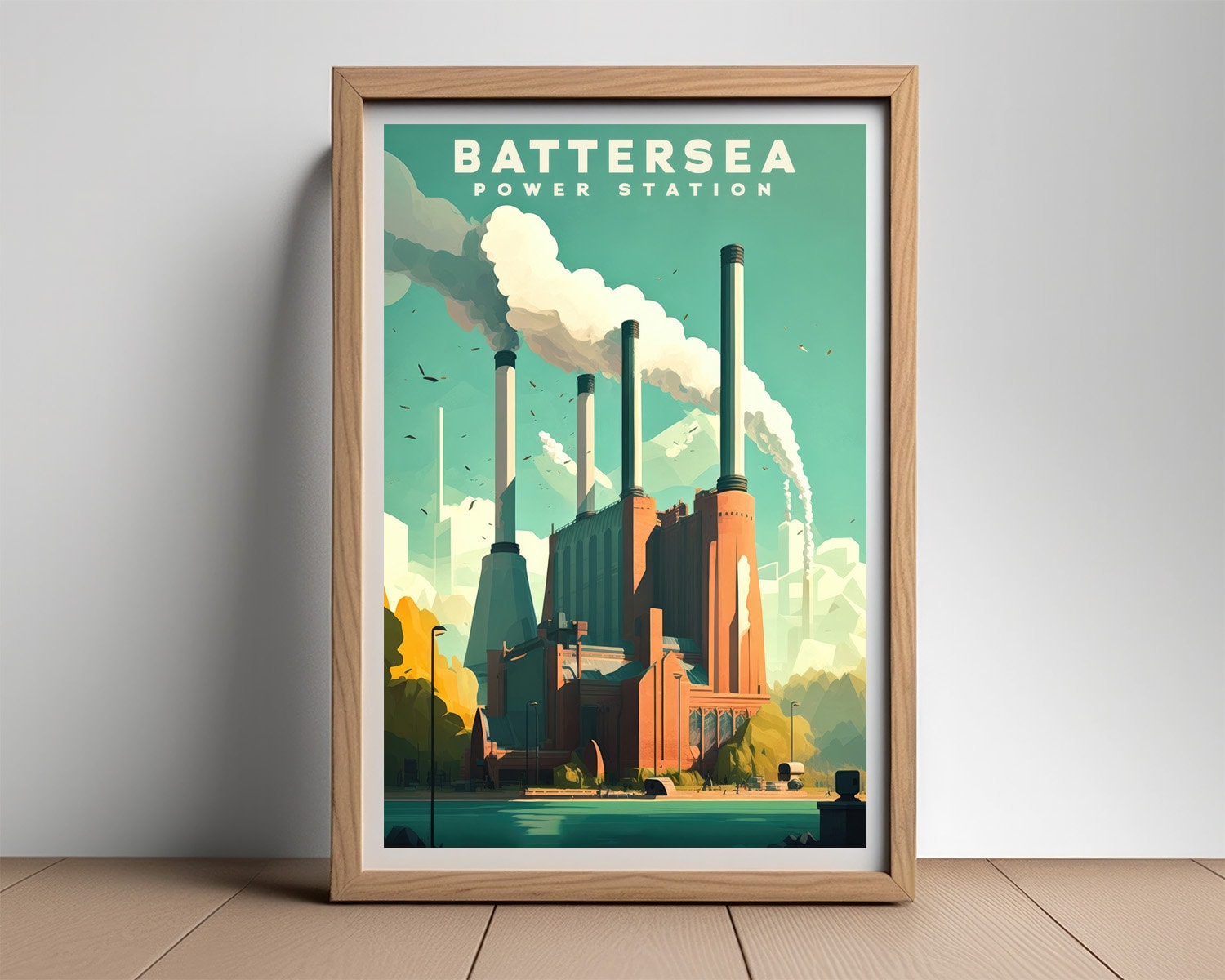 Framed Battersea Power Station Travel Poster in Portrait orientation, minimal background, close up wall art print 2