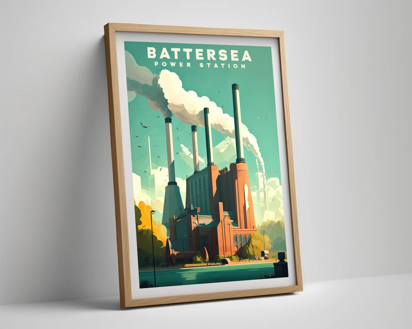 Framed Battersea Power Station Travel Poster in Portrait orientation, minimal background, close up wall art print 4