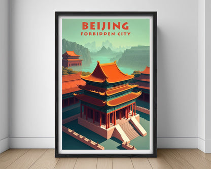 Framed Beijing Forbidden City China Travel Poster in Portrait orientation, minimal background, close up wall art print 1