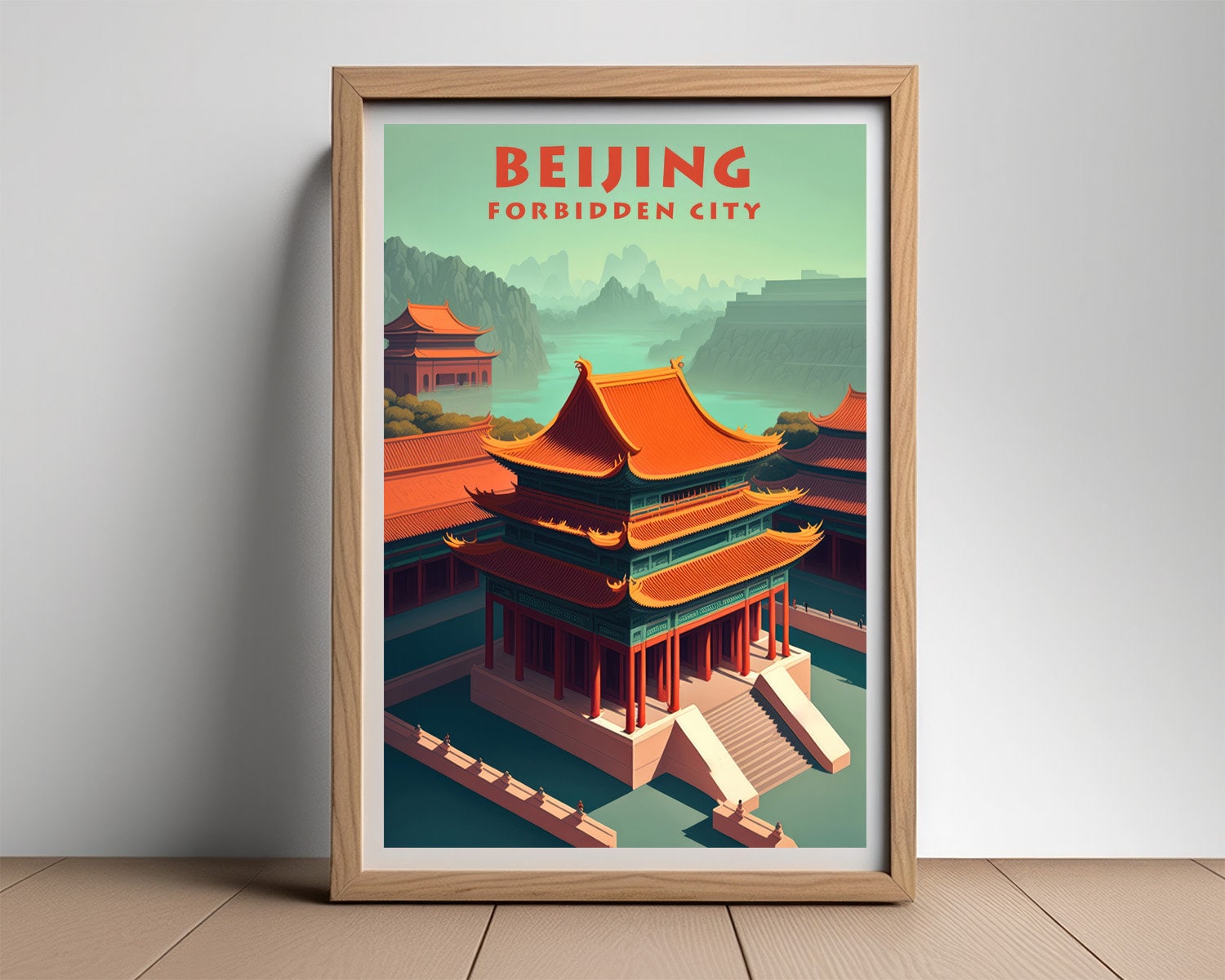 Framed Beijing Forbidden City China Travel Poster in Portrait orientation, minimal background, close up wall art print 2