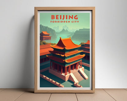 Framed Beijing Forbidden City China Travel Poster in Portrait orientation, minimal background, close up wall art print 2