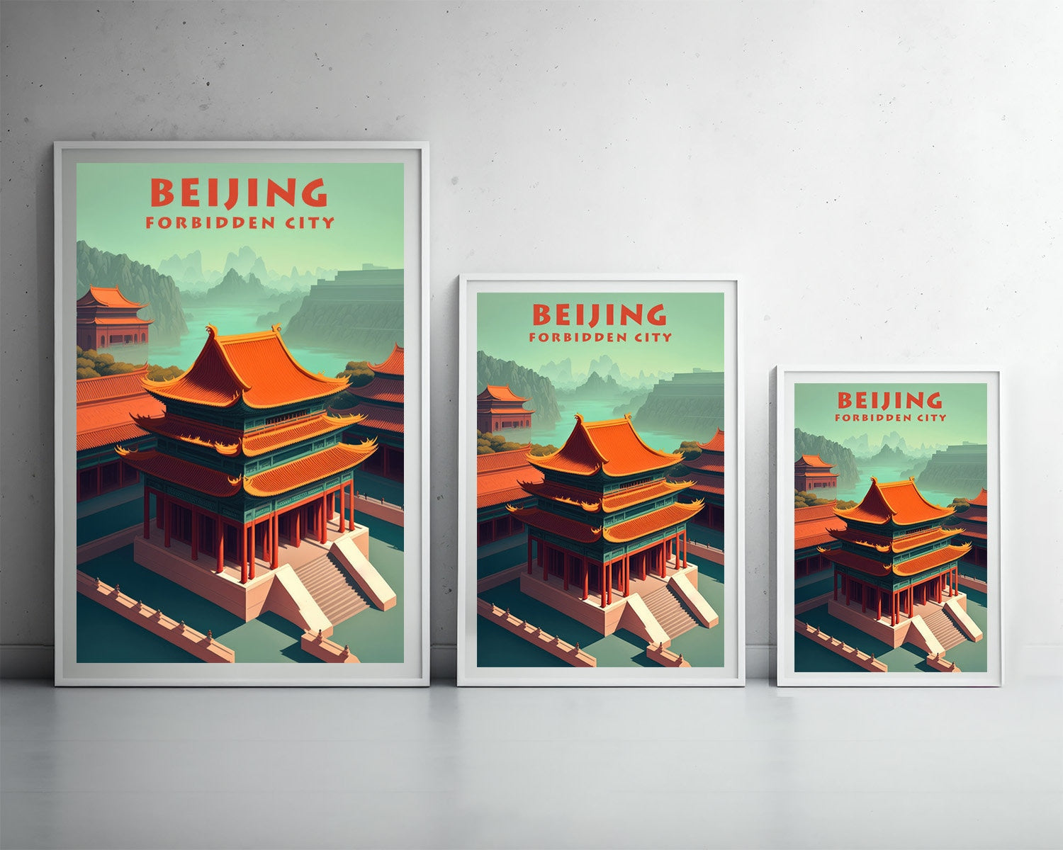 Framed Beijing Forbidden City China Travel Poster in Portrait orientation, minimal background, close up wall art print 3