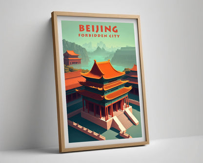 Framed Beijing Forbidden City China Travel Poster in Portrait orientation, minimal background, close up wall art print 4