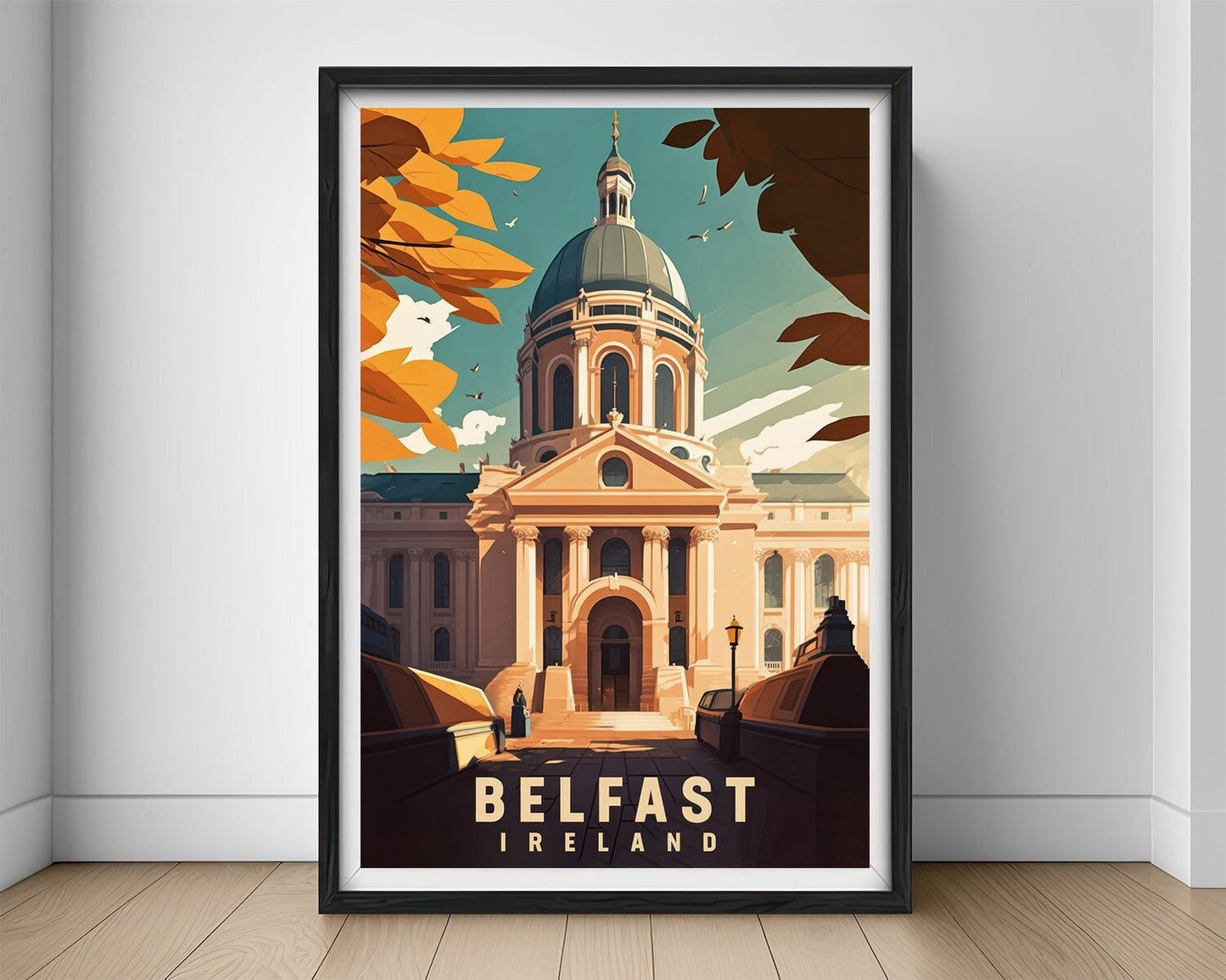 Framed Belfast Ireland Travel Poster in Portrait orientation, minimal background, close up wall art print 1