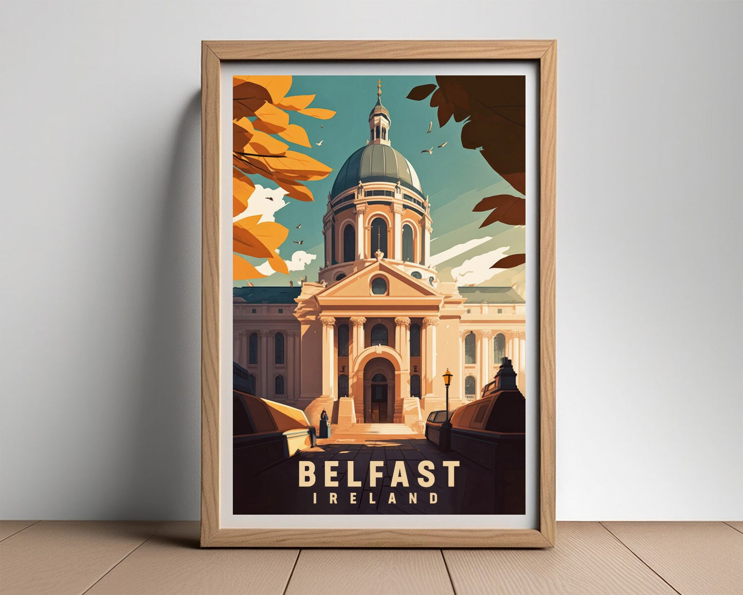 Framed Belfast Ireland Travel Poster in Portrait orientation, minimal background, close up wall art print 2