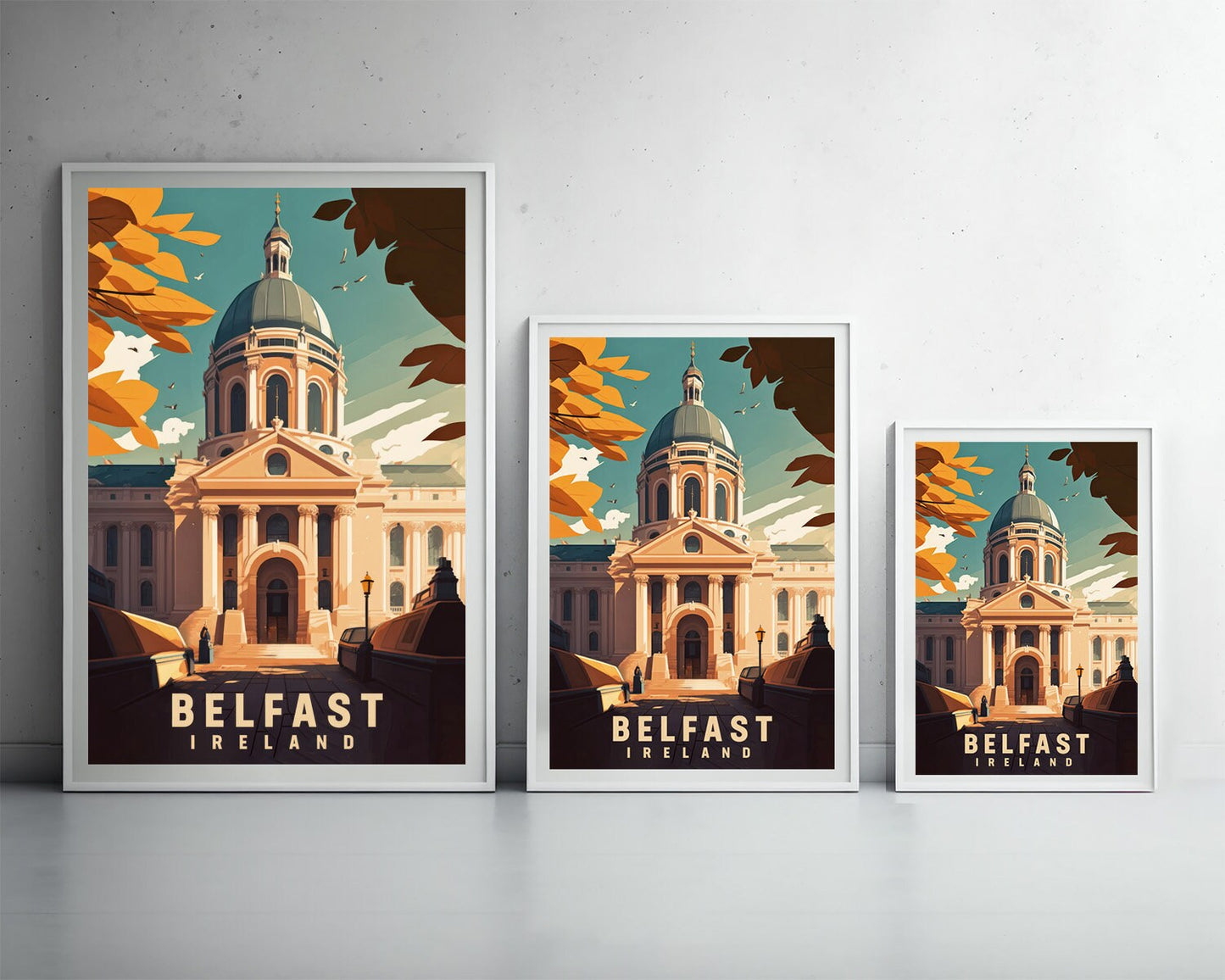 Framed Belfast Ireland Travel Poster in Portrait orientation, minimal background, close up wall art print 3