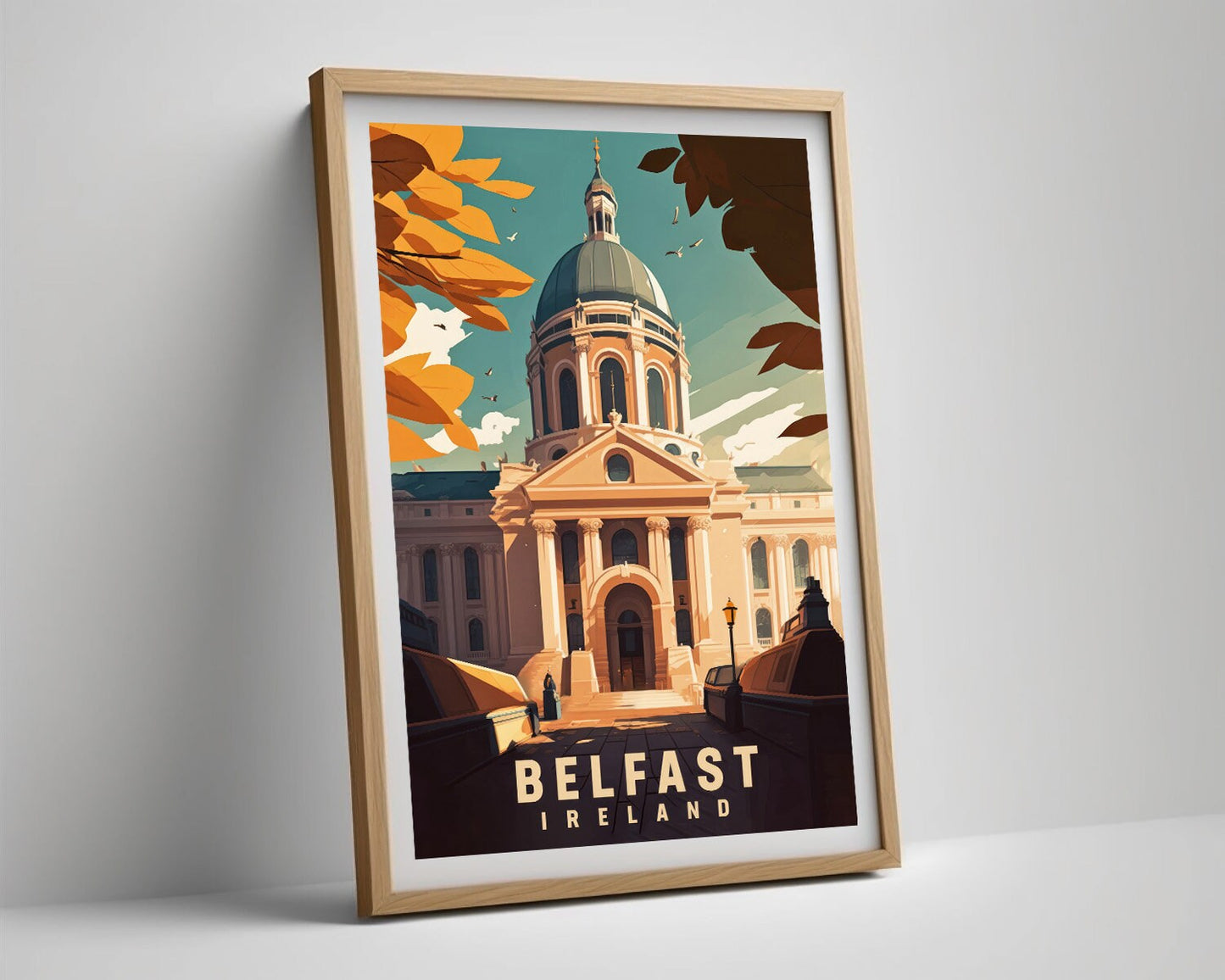 Framed Belfast Ireland Travel Poster in Portrait orientation, minimal background, close up wall art print 4