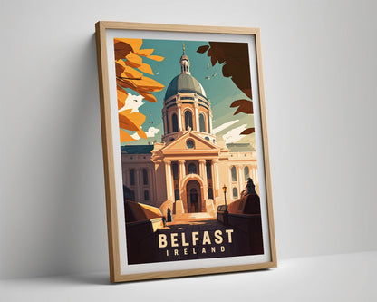 Framed Belfast Ireland Travel Poster in Portrait orientation, minimal background, close up wall art print 4