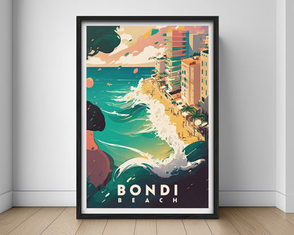 Framed Bondi Beach Sydney Travel Poster in Portrait orientation, minimal background, close up wall art print 1