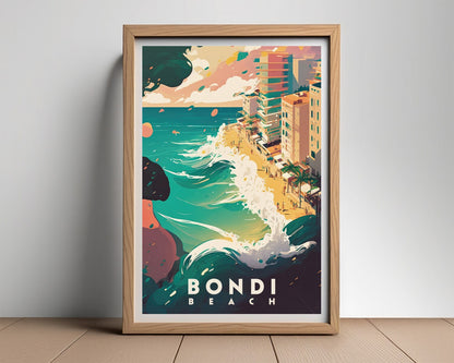 Framed Bondi Beach Sydney Travel Poster in Portrait orientation, minimal background, close up wall art print 2