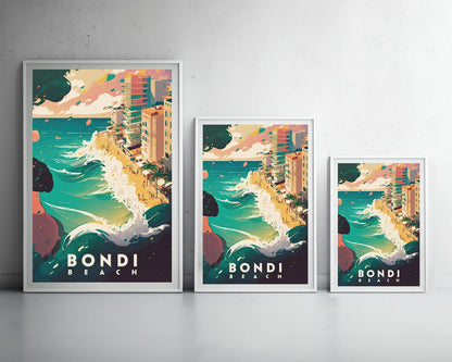 Framed Bondi Beach Sydney Travel Poster in Portrait orientation, minimal background, close up wall art print 3