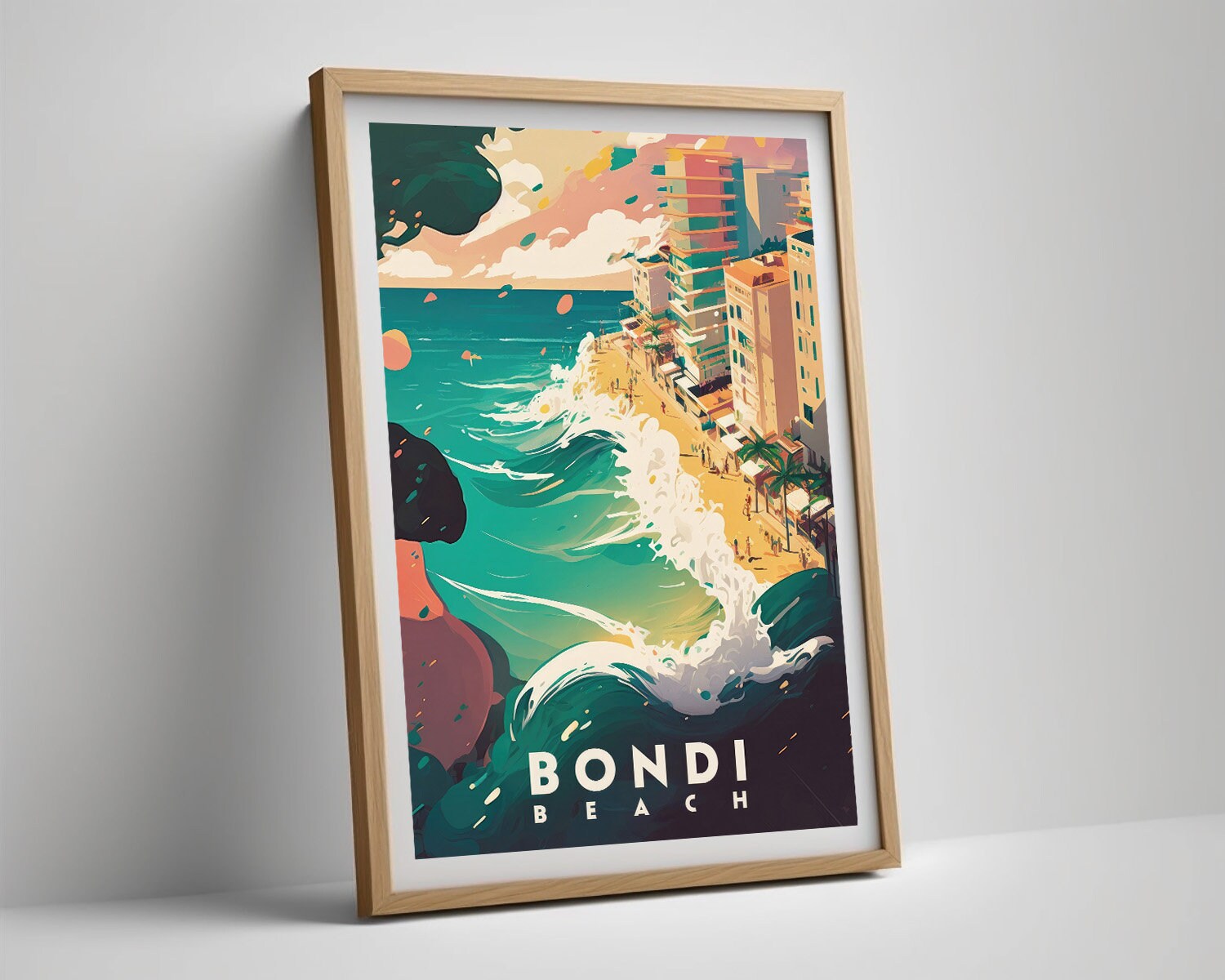 Framed Bondi Beach Sydney Travel Poster in Portrait orientation, minimal background, close up wall art print 4